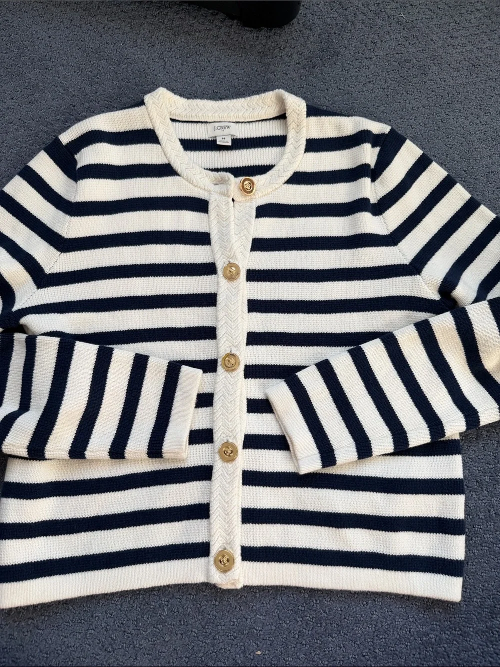J. Crew Cream and Navy Striped Button Front Cardigan